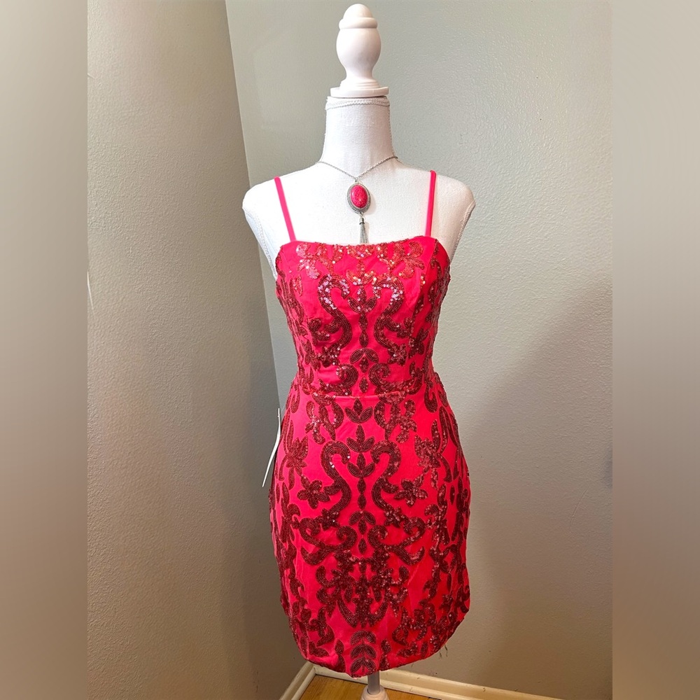 #213 Coral Pink sequin mini dress features a  damask-style pattern-XS